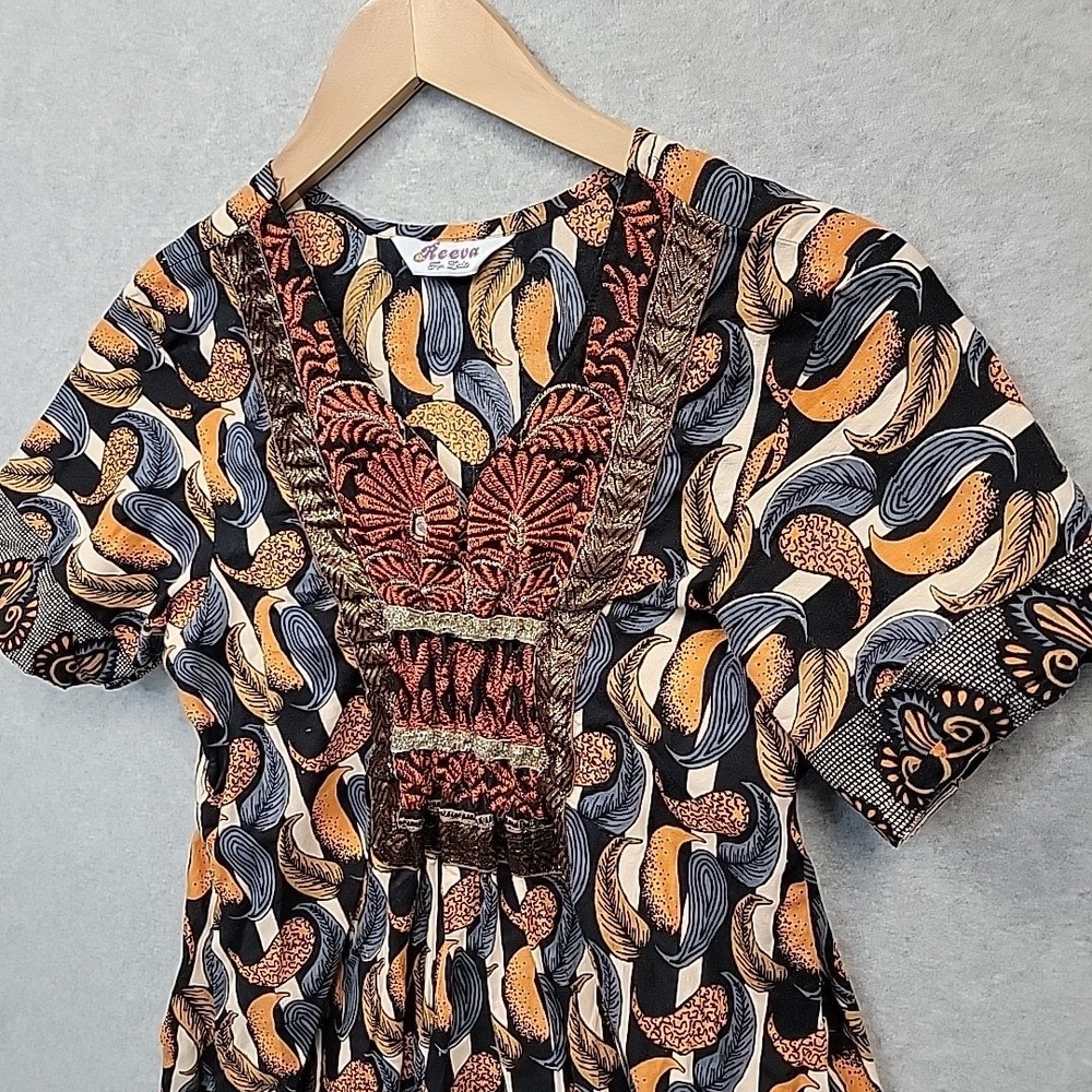 Indian Cotton Ethnic Floral Top Tunic SS Women XS Boho Hippie Vintage Look Reeva